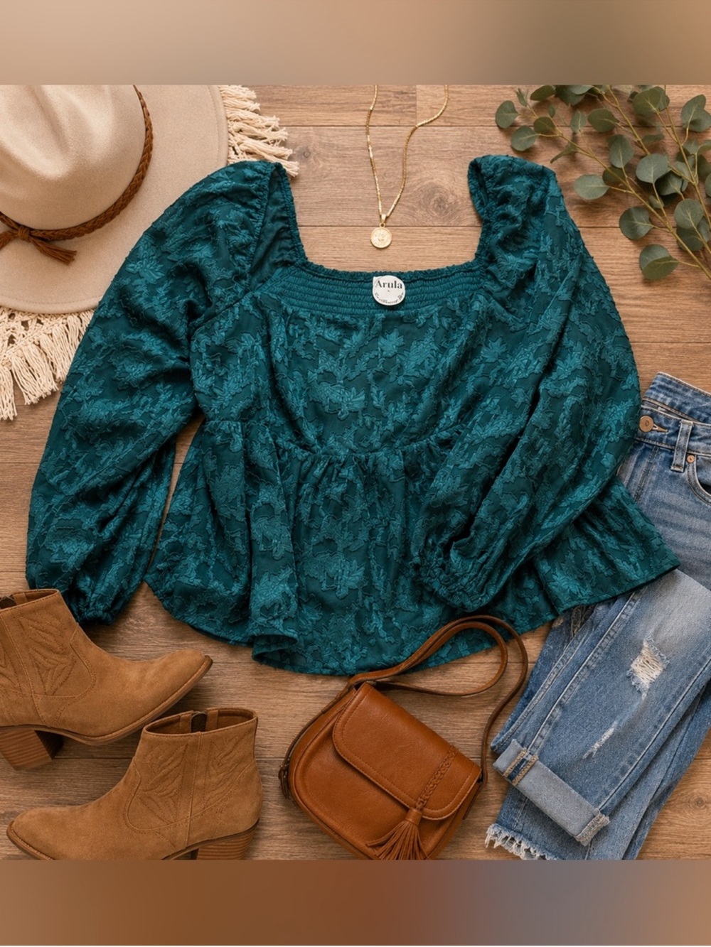 ARULA Dark Green Jacquard Floral Peplum Blouse Sheer Puff Sleeve Size A 1X